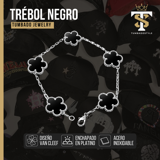 Pulsera Plateada Trébol Negro